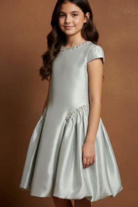 صورة فستان فضي ثلجي حرير مرصع بالؤلؤ